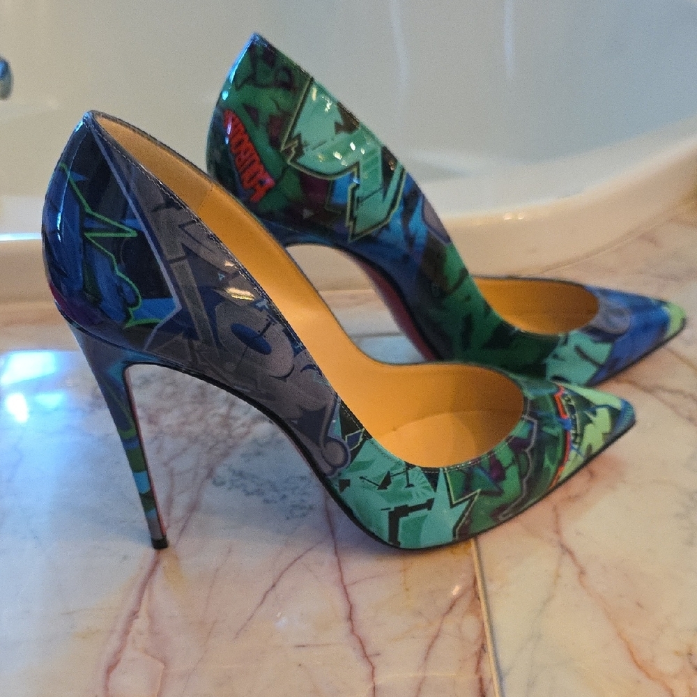 Like New, Worn Once, Christian Louboutin Multicolor Heels with Iconic Red Sole